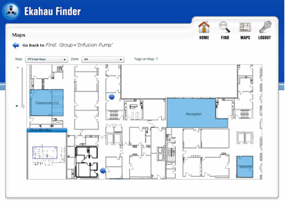 Ekahau Finder provides real-time view of tracked objects on a floor map.